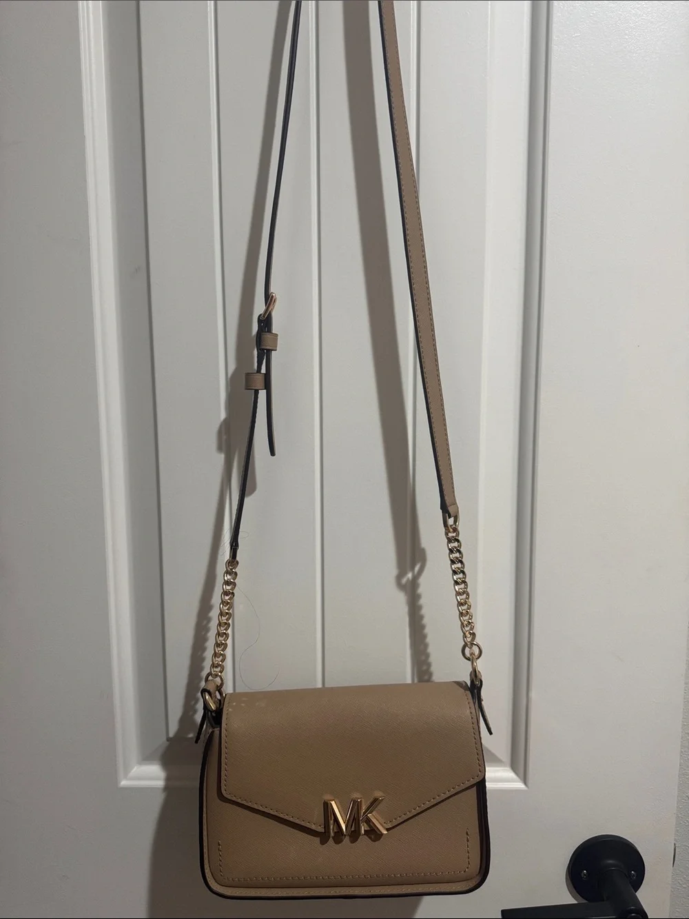 Michael Kors Taupe Leather MK Chain-Trim Crossbody Bag